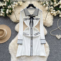 French retro chic color block polo collar long sleeve knit dress with metal buckle waist detail - slimming and elegant