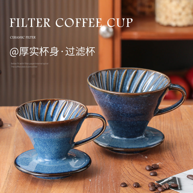 Blue glaze ceramic coffee filter cup retro hand brew v60 filter conical drip filter cup appliance starry sky