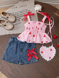 spring/summer new arrival: adorable strawberry print cami top + denim shorts set for girls (cross-border e-commerce)