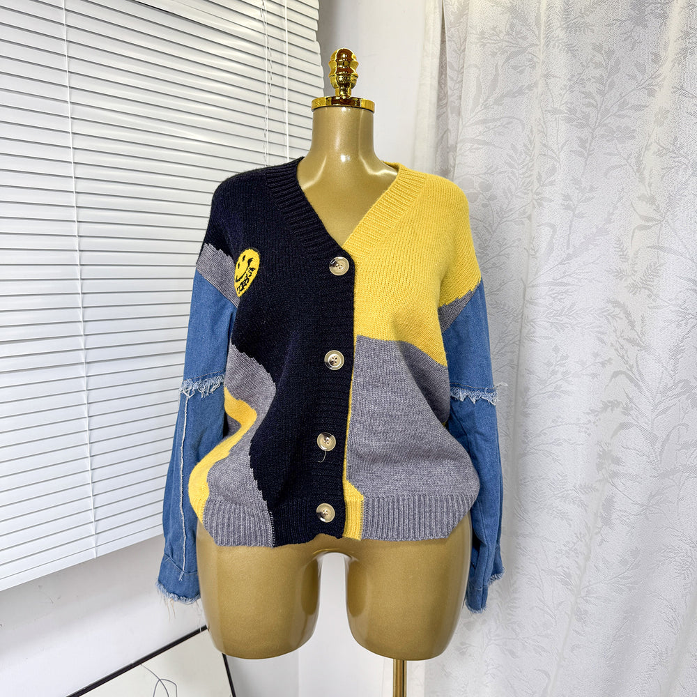 women's fall/winter cardigan sweater: color block denim sleeve, loose fit, fashionable single-breasted, versatile outerwear