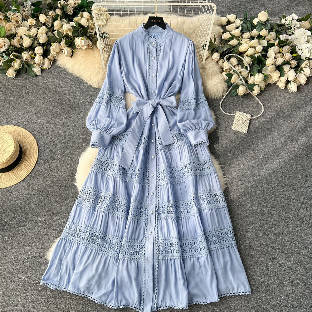 Frenchretrolacepatchwork lantern long sleevesdress women's tie back waist single breasted large swing palace style long skirt