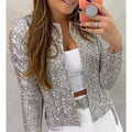 spring new arrival: european and american style fashion stand collar color block sequin jacket - short, casual, and versatile outerwear