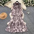 French chic bow print dress - women's spring/autumn long sleeve v-neck a-line maxi dress - slim fit & figure flattering