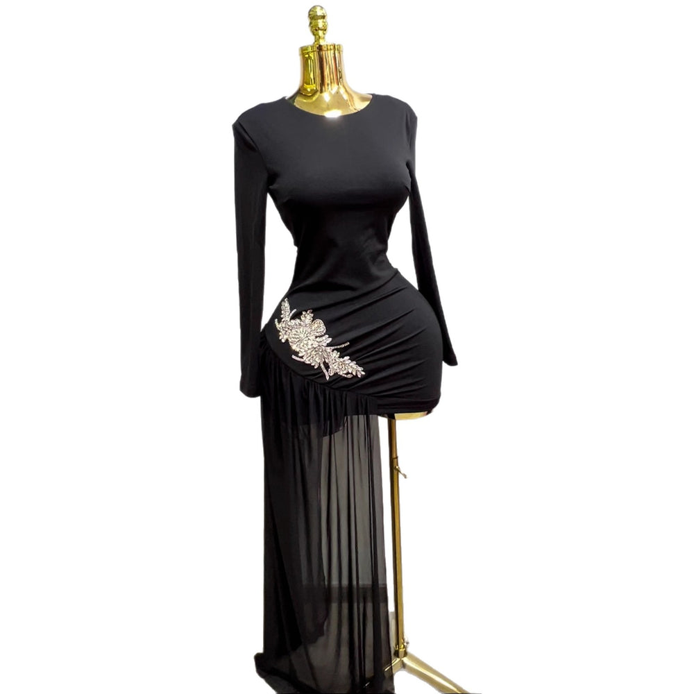 women's black rhinestone floral long sleeve bodycon dress - cocktail club party sexy long sleeve