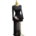 women's black rhinestone floral long sleeve bodycon dress - cocktail club party sexy long sleeve