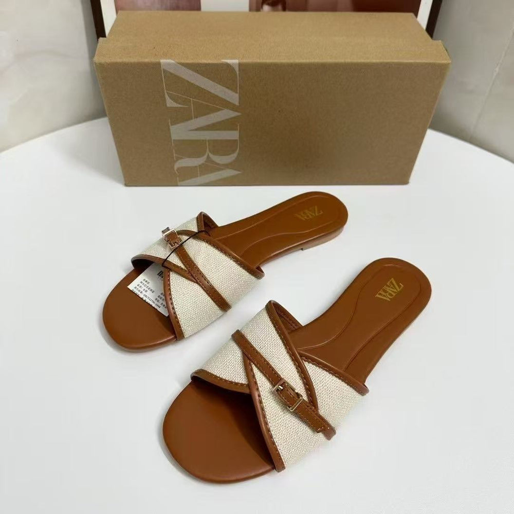 Za2025 new women's brown buckle-embellished flat sandals - perfect for beach, poolside, and everyday wear - european & american style