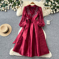 Luxury chic v-neck embroidered elegant dress - women's summer long sleeve tie-waist a-line dress - elegant and refined