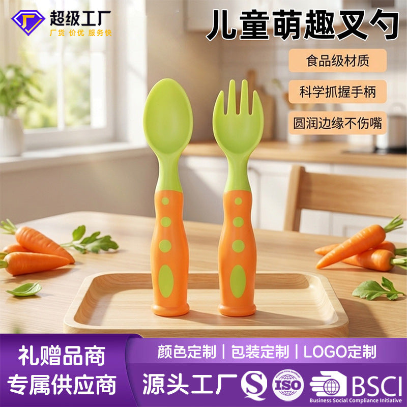 Pp fork and spoon set with storage box - customizable, cute, bendable fork and spoon for babies, 3d two-tone fork and spoon wholesale
