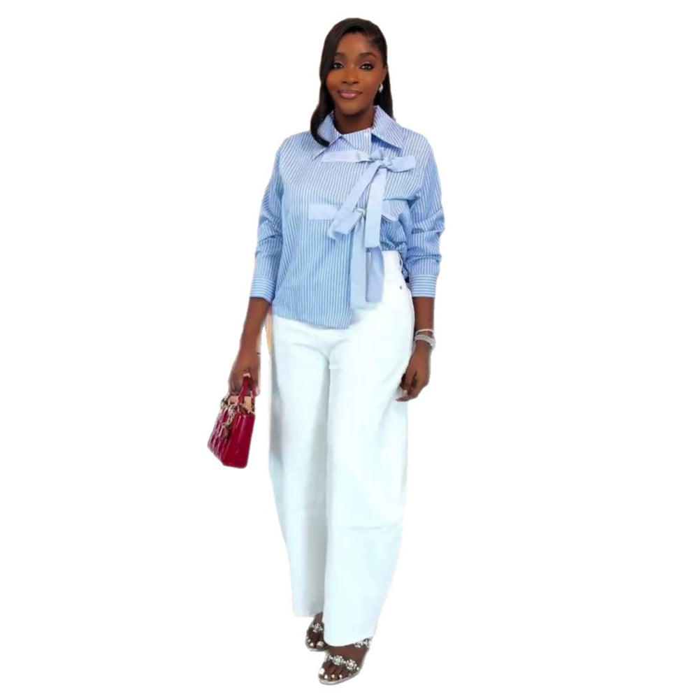European and american cross-border women's fashion:  summer new arrival - stylish design, bow collar, striped long-sleeve shirt top