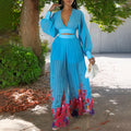 European and american women's clothing  spring new fashion elegant chiffon v-neck pleated top and printed wide-leg pants foreign trade set