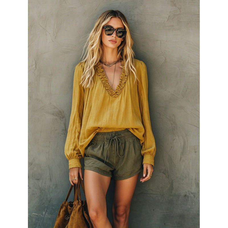 Shipped: new european and american style women's v-neck ruffle trim solid color long sleeve versatile blouse