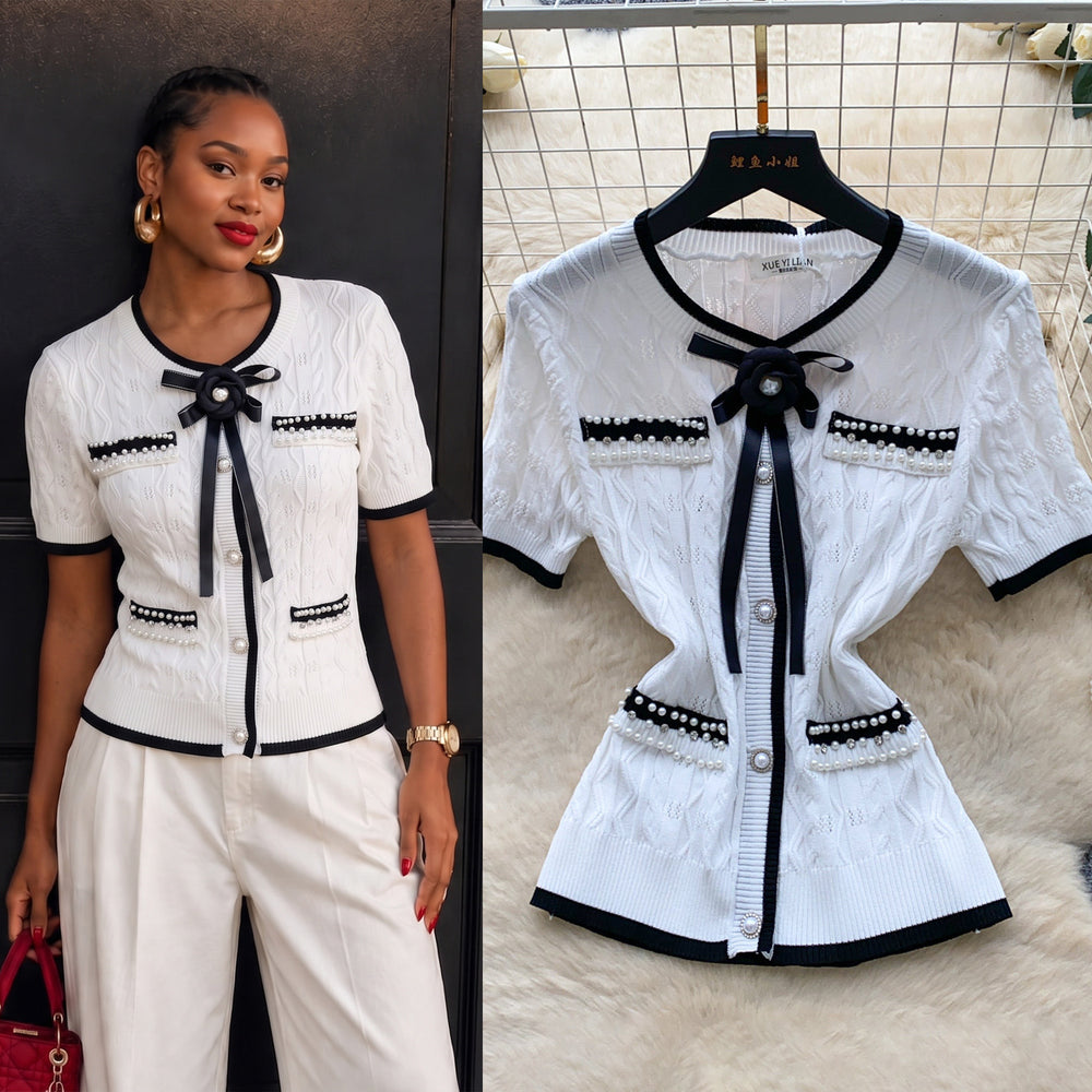 Sweet daughter-in-law style bows beaded short-sleeved knitting shirt for women summercasualcasualelegantslimming looktops