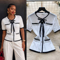 Sweet daughter-in-law style bows beaded short-sleeved knitting shirt for women summercasualcasualelegantslimming looktops