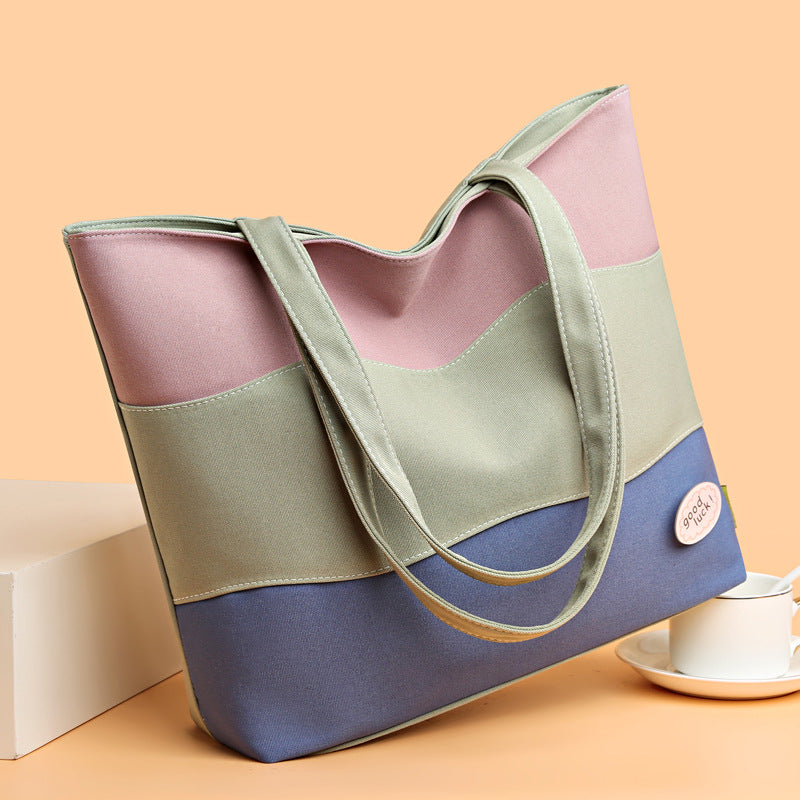 Large capacity canvas tote bag for women, 2023 new color block shoulder bag, minimalist commuter handbag, striped tote bag