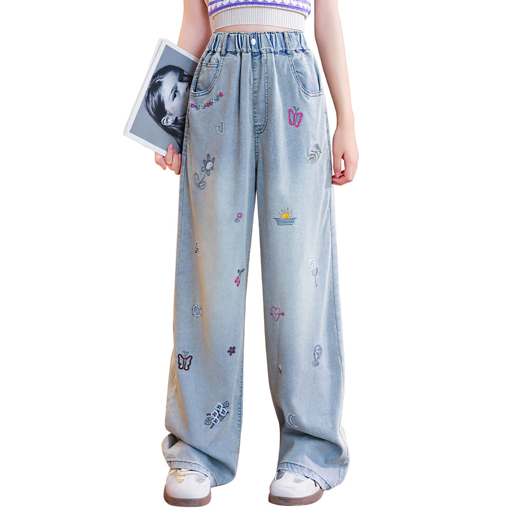 Girls'  new tencel denim pants - summer kids' mosquito-proof trousers, stylish summer outfit, big kids' ice silk wide-leg pants