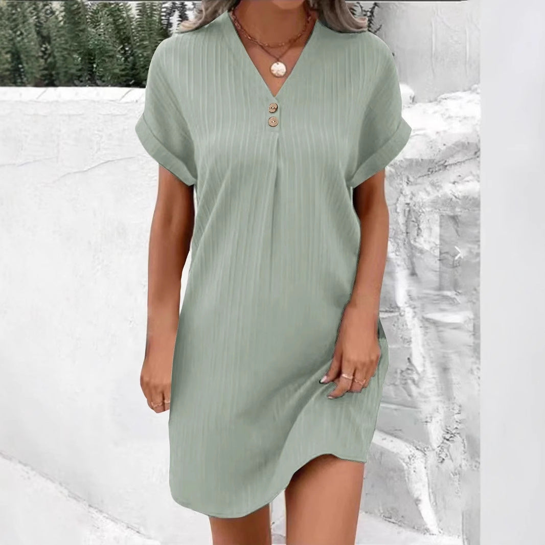 Cross-border European and American women's clothing 2025 new  V-neck solid color pullover comfortable and casual button dress