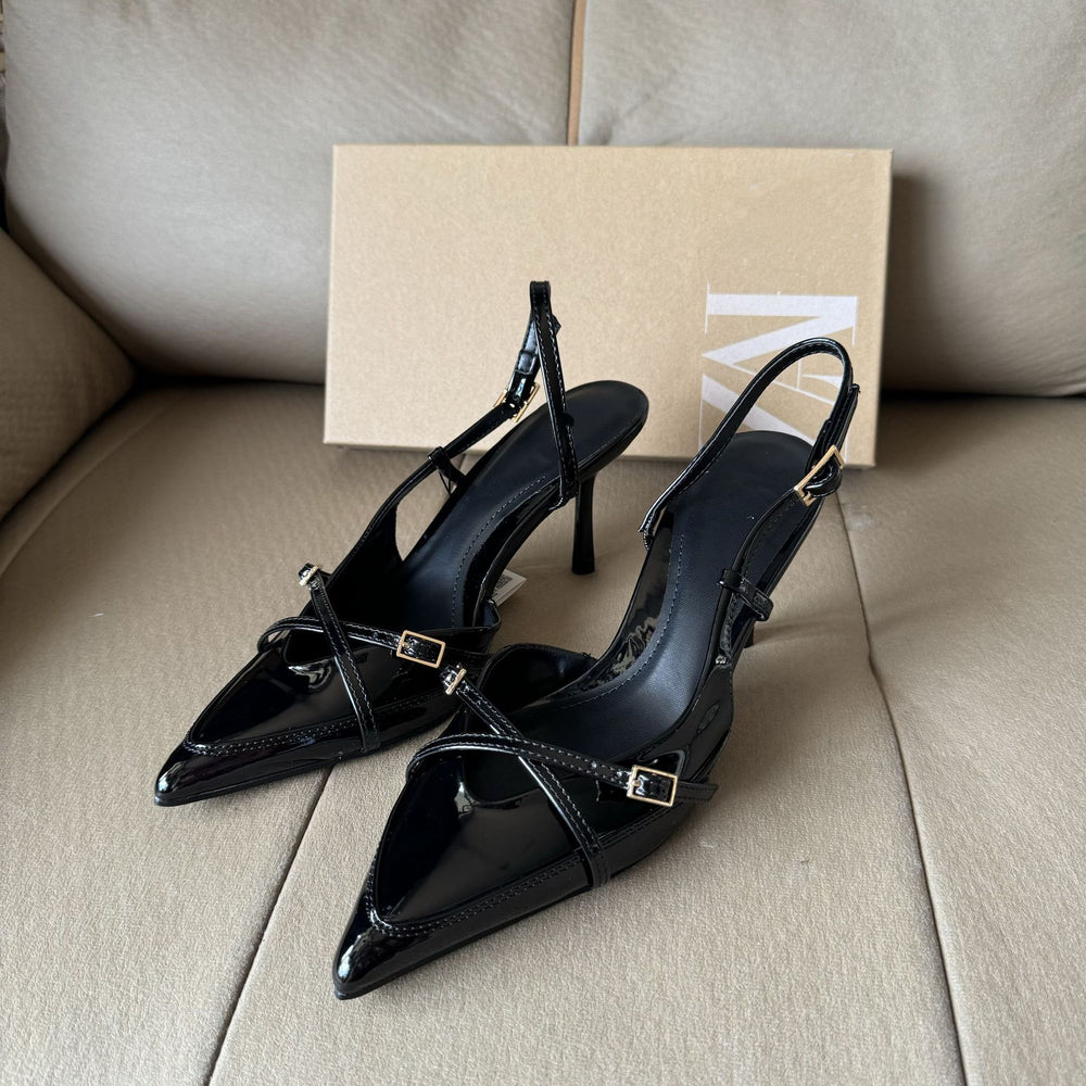 Spain 2025 new black and white color block pointed toe low-cut women's shoes criss-cross strappy stiletto heel mule fashion sandals