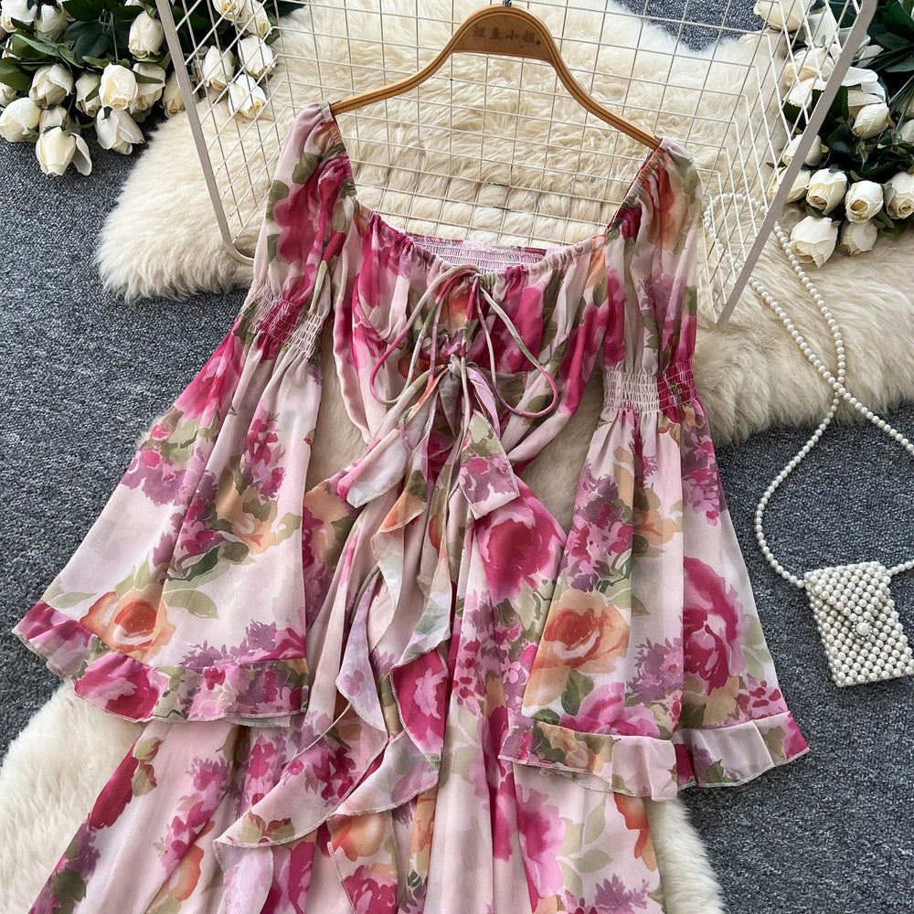 French romantic one-shoulder flared sleeve floral dress - women's summer long sleeve vacation ruffle hem maxi dress