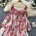 French romantic one-shoulder flared sleeve floral dress - women's summer long sleeve vacation ruffle hem maxi dress
