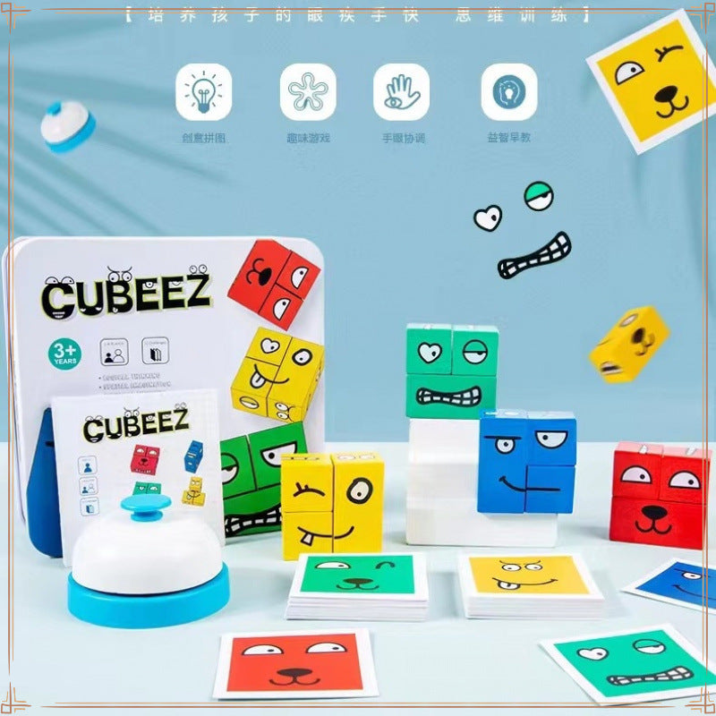Face cube building block children's space thinking early education board game parent-child interactive game smiley wooden hot toy