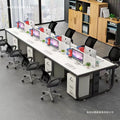 Modern minimalist office desk and chair set - 4-6 person workstation with partitioned desks and booth seating for employees