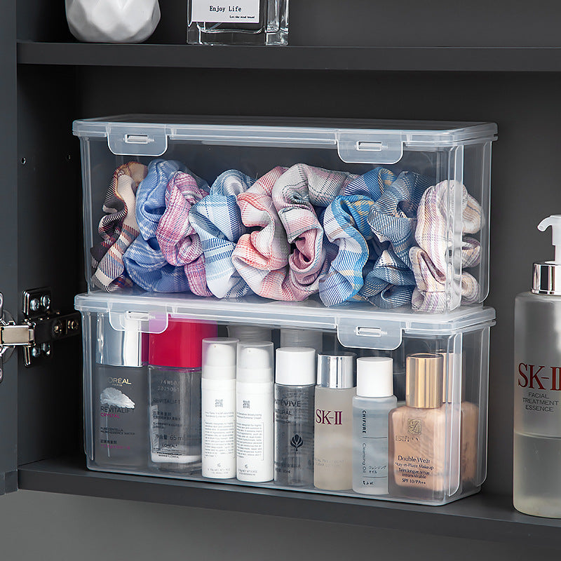 Long plastic washing powder storage box with lid, flip cover storage box, transparent mirror cabinet storage, rectangular storage box.