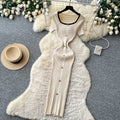 French hepburn style burgundy knittingdress women's summerk-style single-breasted silmelegant long skirt work clothing