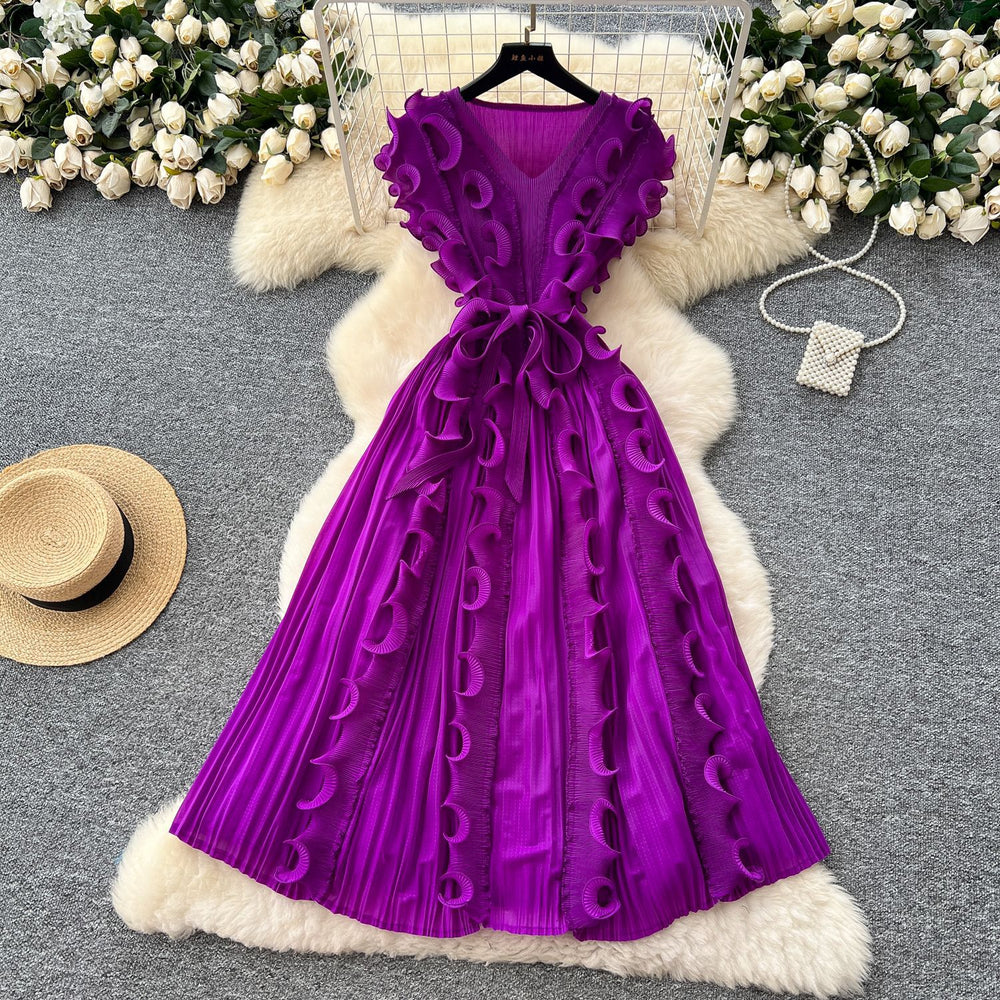 Miya pleated dress women's  summer european and american fashion 3d lace tie waist sleeveless pleated maxi dress