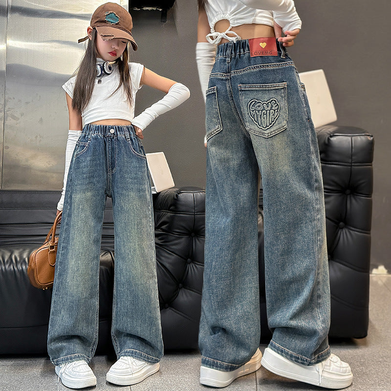 Girls' pants - spring/autumn  new arrival: trendy retro-style loose-fit jeans for mid-to-large children, wide-leg design
