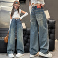 Girls' pants - spring/autumn  new arrival: trendy retro-style loose-fit jeans for mid-to-large children, wide-leg design