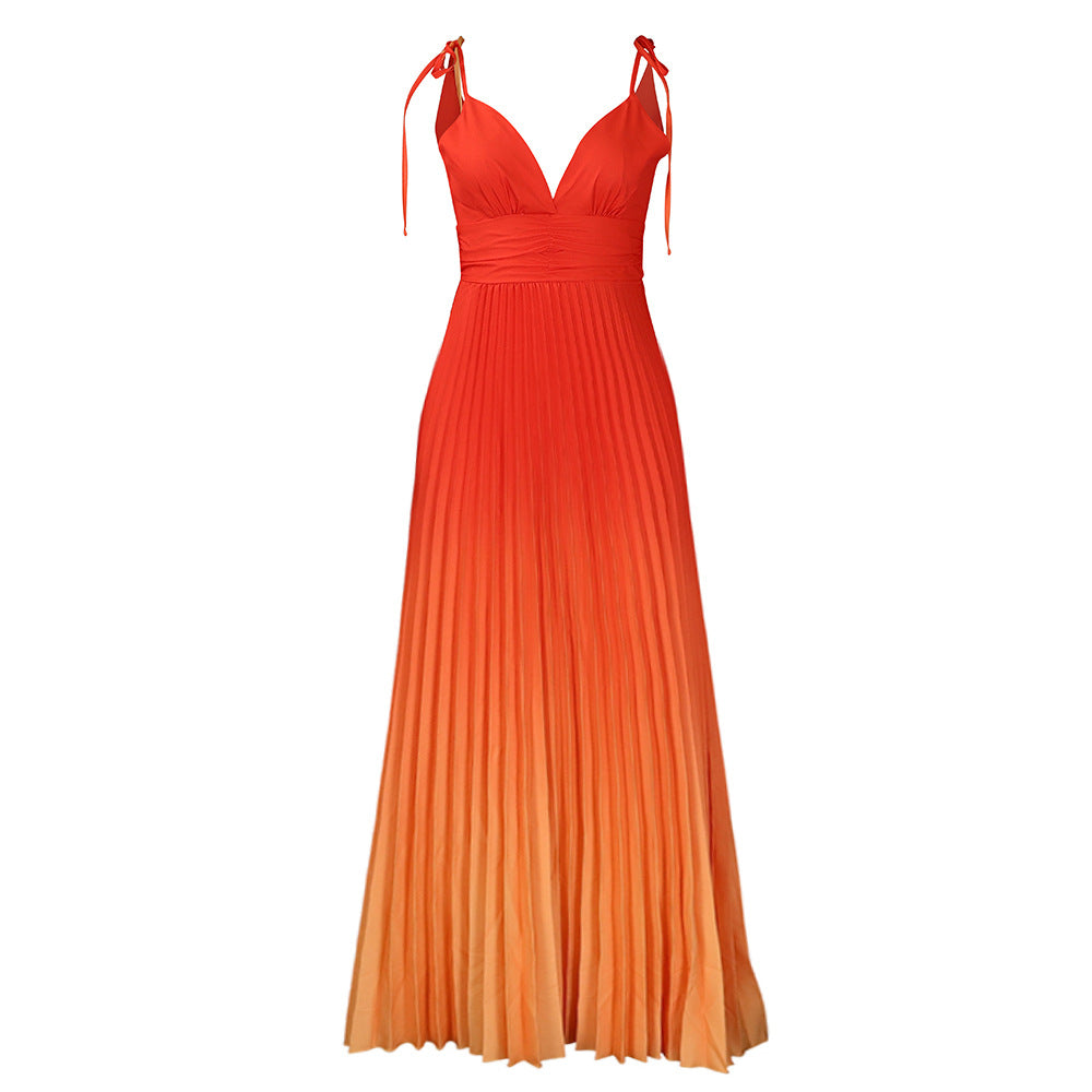 European and american plus size women's clothing  new fashion v-neck sexy high-waisted gradient pleated maxi dress gown