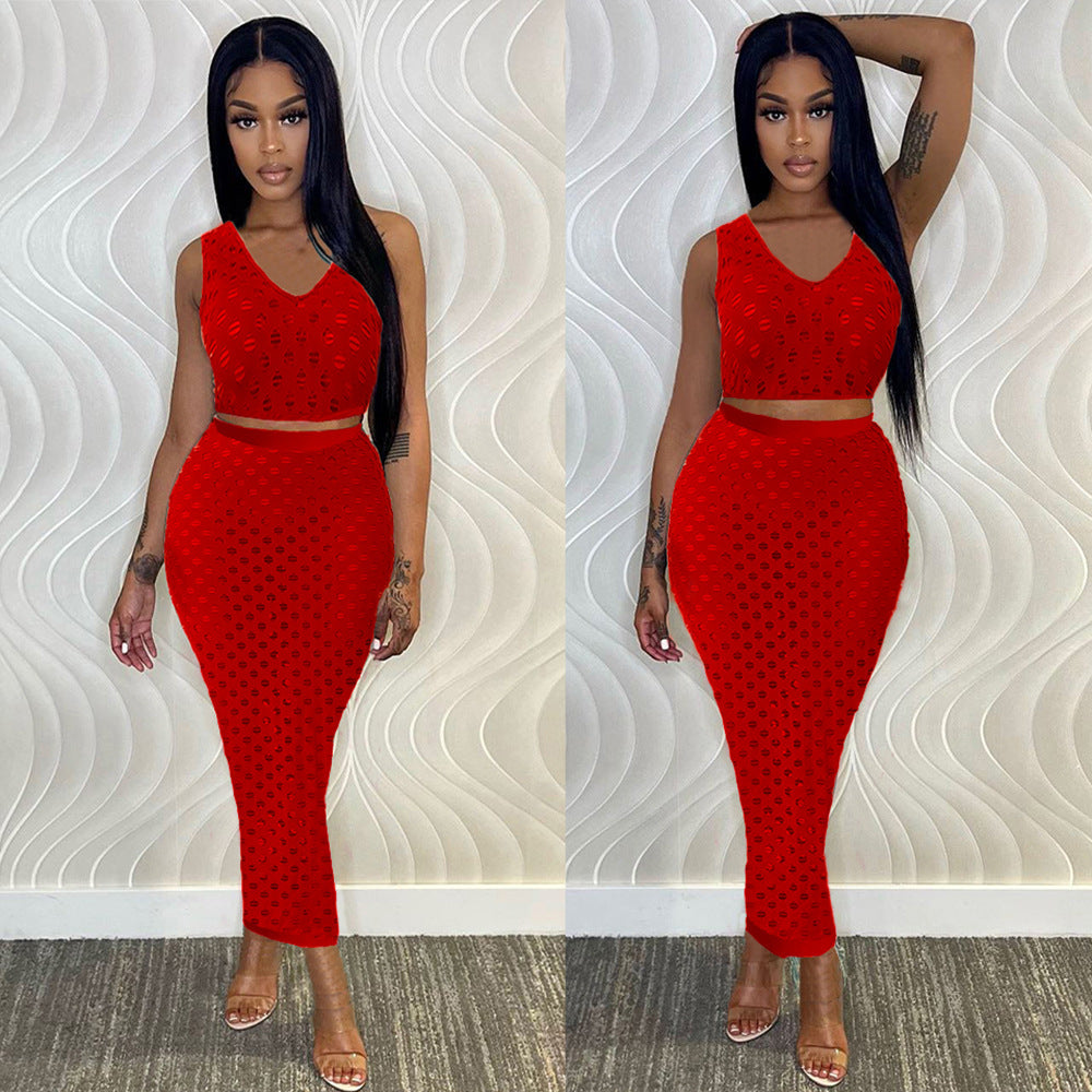 European and american cross-border women's fashion:  summer sexy hollow-out mesh tank top + maxi skirt set