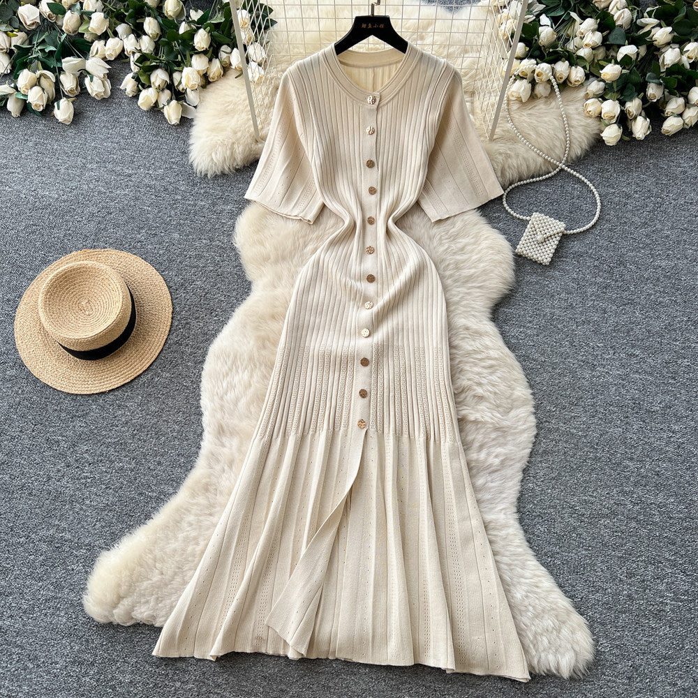 Korean style commute hollow-out green a-line dress - women's summer short sleeve high-waisted button-down elegant knit dress