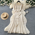 Korean style commute hollow-out green a-line dress - women's summer short sleeve high-waisted button-down elegant knit dress