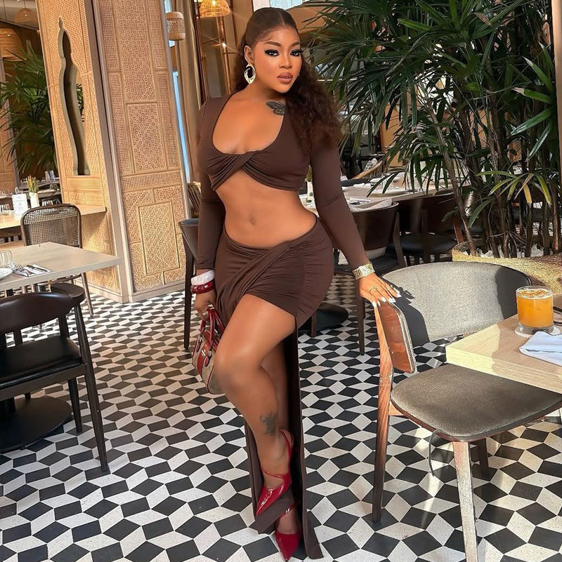 Fashion style insexportpure colorcasual women's hip-covering vacation skirt suitu-neck long sleeves chest-wrapped slit two-piece set