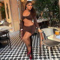 Fashion style insexportpure colorcasual women's hip-covering vacation skirt suitu-neck long sleeves chest-wrapped slit two-piece set
