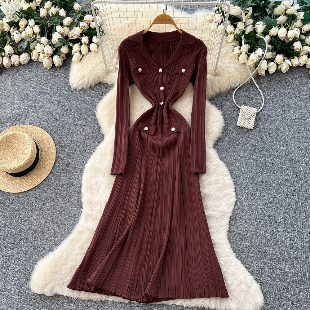 Frenchclassyretro lapel long sleeves metal buckle silmslimming lookelegant vertical pattern knittingdress