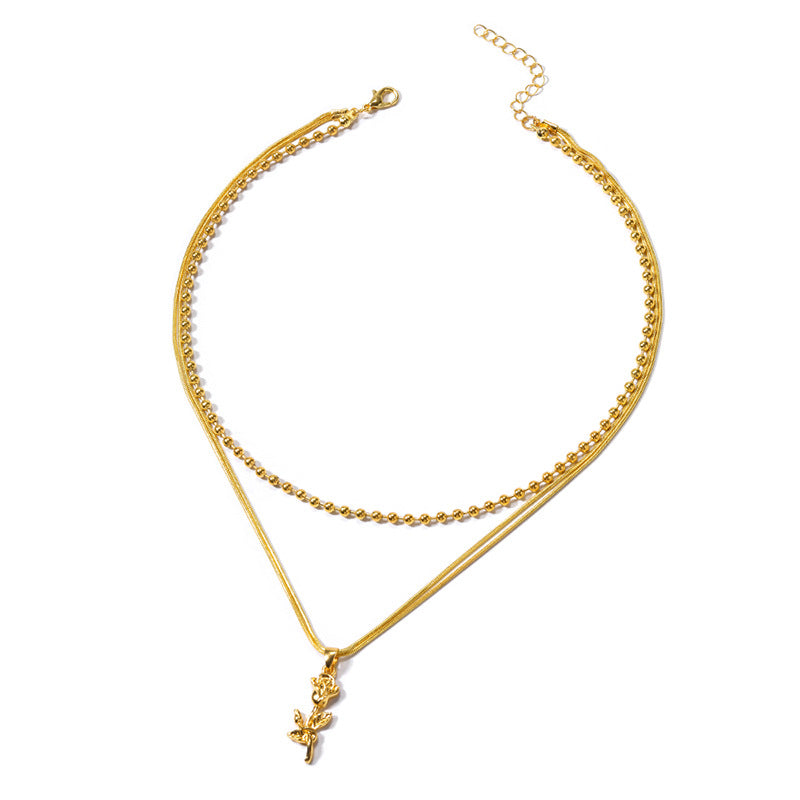 European and american cross-border statement jewelry fashion rose flower pendant high-end beaded chain women's double layer necklace jewelry wholesale