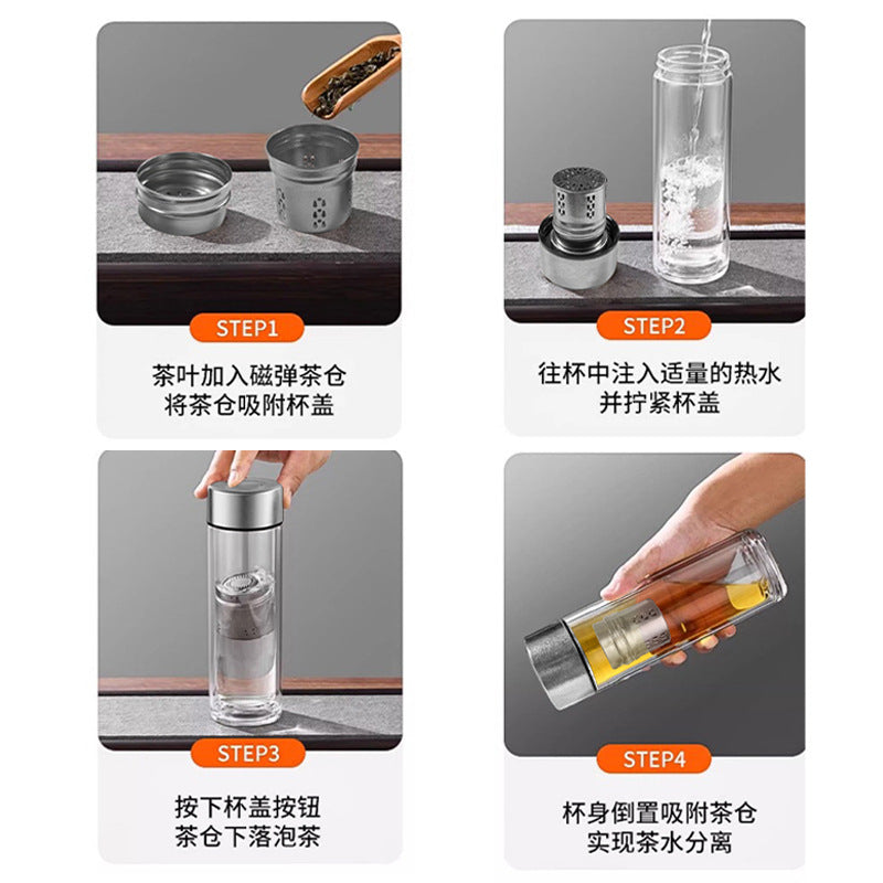 Pure titanium magnetic tea cup gift box double-layer glass tea water separation cup car water cup for home gift cup