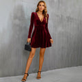 european and american style women's fall/winter new collection v-neck bell sleeve cinched waist a-line long sleeve velvet dress