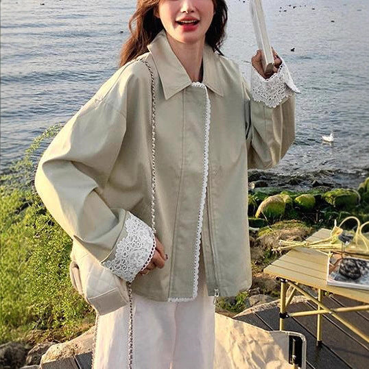 Lace splicing lapel long-sleeved jacket jacket women's new short design baseball jersey top trendy spring and autumn women's clothing