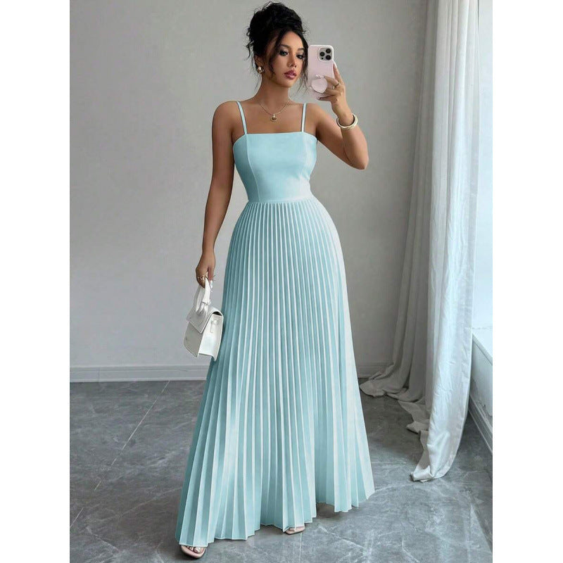Amazon european goods summer fashion elegant solid color pleated waist-defining long slip dress