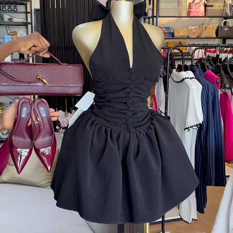 European and american cross-border women's fashion:  summer new arrival - elegant v-neck halter neck bowknot backless high-waisted mini dress