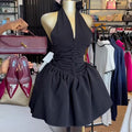 European and american cross-border women's fashion:  summer new arrival - elegant v-neck halter neck bowknot backless high-waisted mini dress