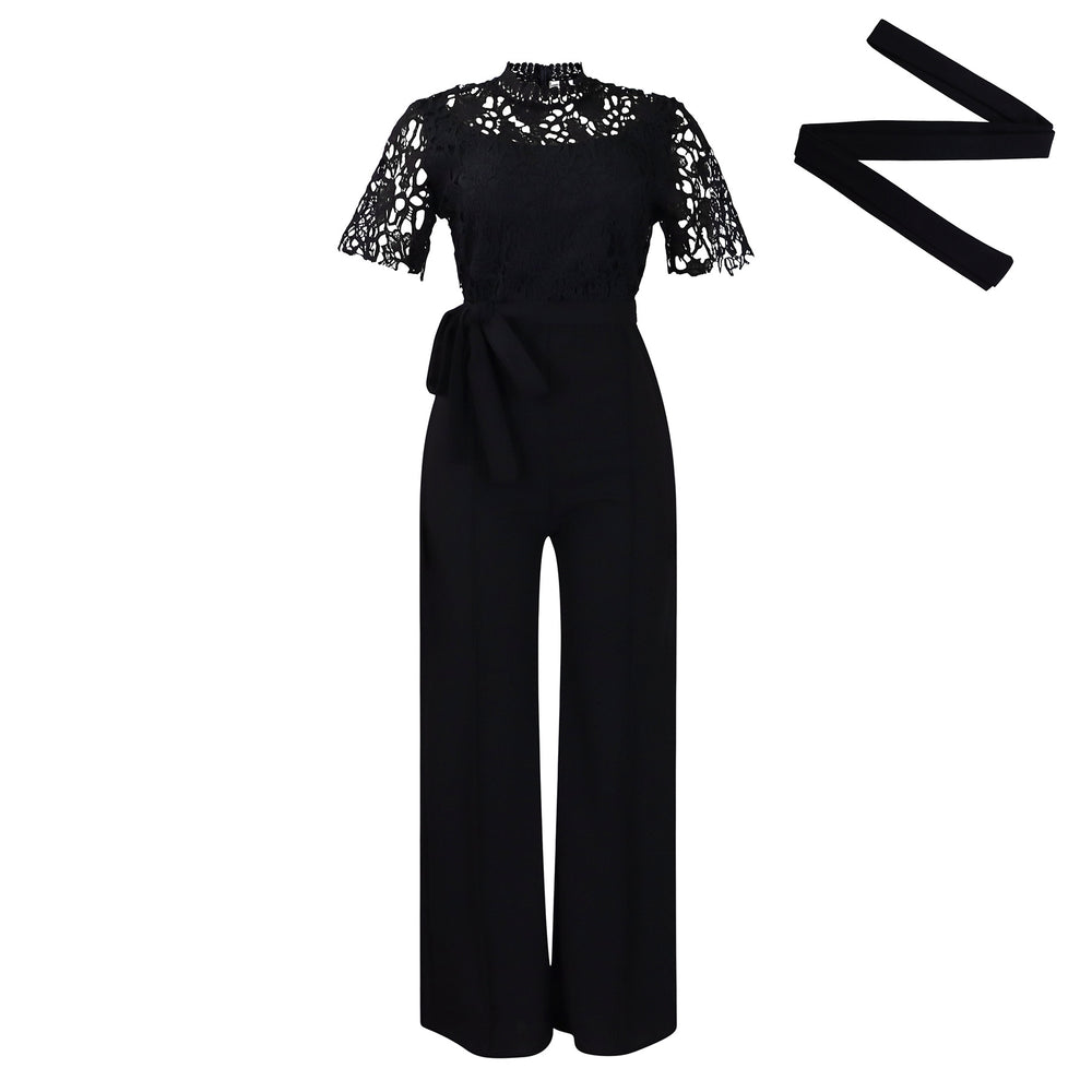 D509 european and american style  sexy lace trim cutout short sleeve tie-up high waist wide leg jumpsuit - wholesale