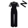D509 european and american style  sexy lace trim cutout short sleeve tie-up high waist wide leg jumpsuit - wholesale