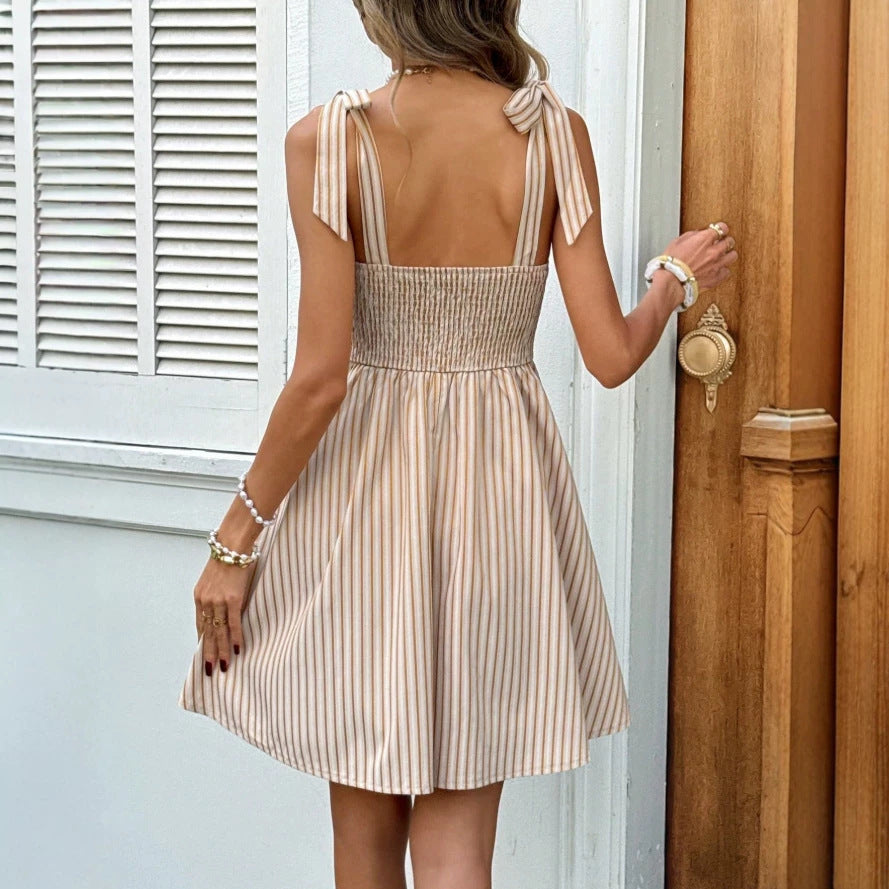 european and american  cross-border summer new fashion striped waist-defining slimming camisole square neck elegant dress