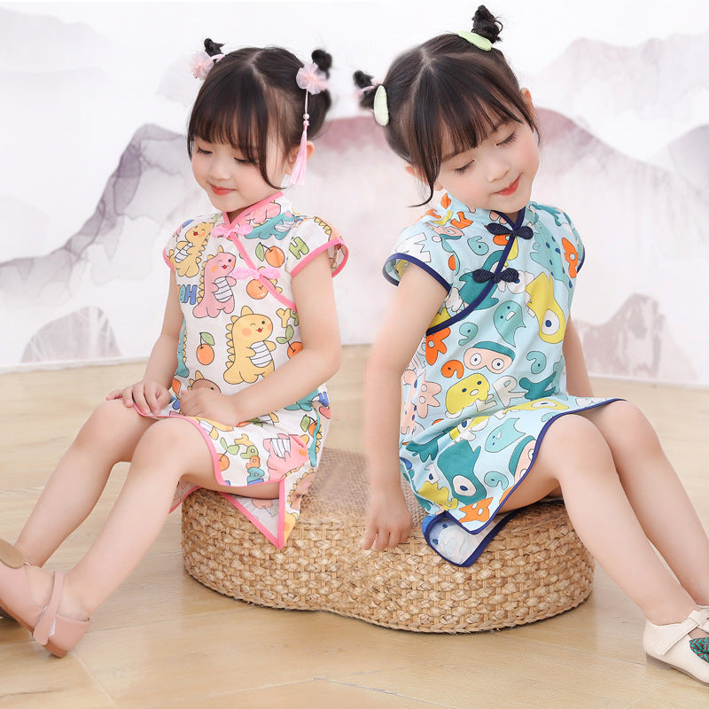 Girls' cheongsam: new  princess dress, kids' short-sleeve dress, chinese style hanfu for toddlers and young children - trendy baby outfit
