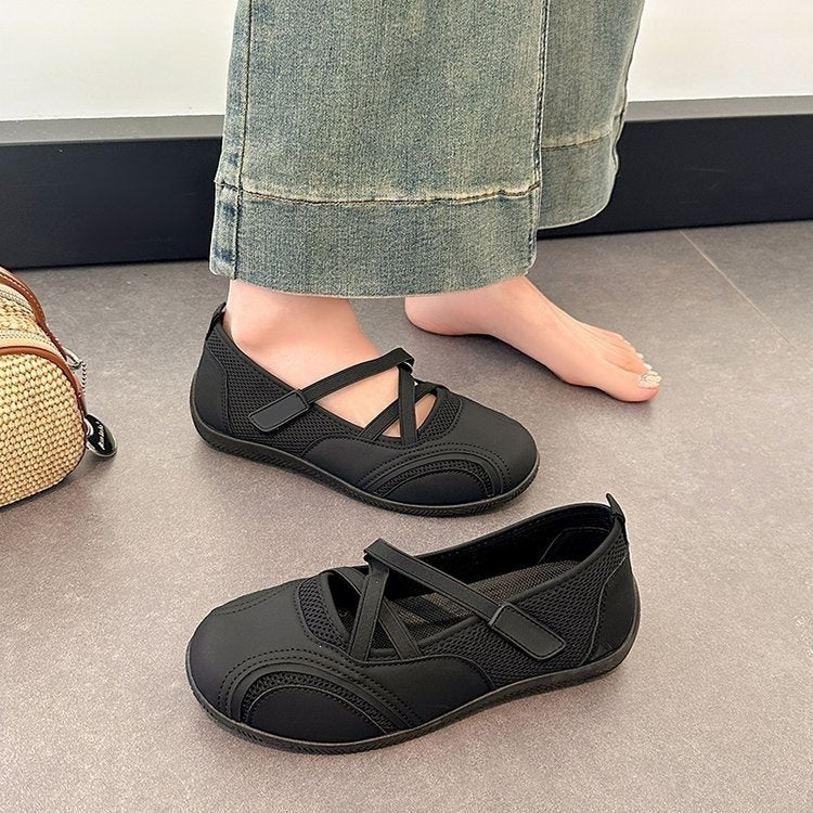 Mary jane women's shoes  summer new arrival: hollow-out mesh, velcro closure, flat, versatile casual shoes for moms