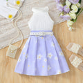 Summer girls' sleeveless halter top with purple floral print pleated skirt and belt - children's dress for export
